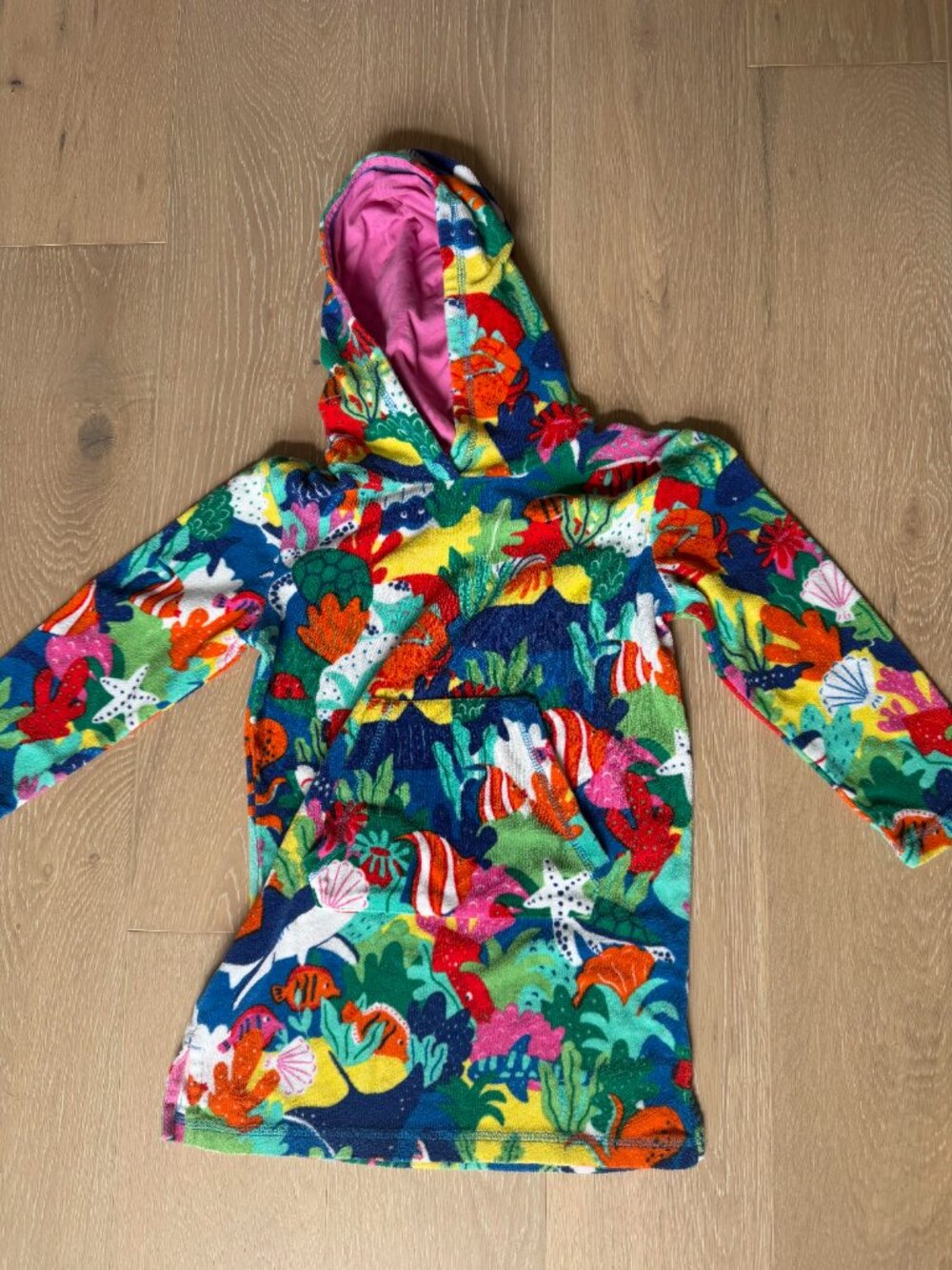 Boden Towelling Throw-On Hooded Ocean Reef Cover Up Beach Whimsical Blue - 6-7Y
